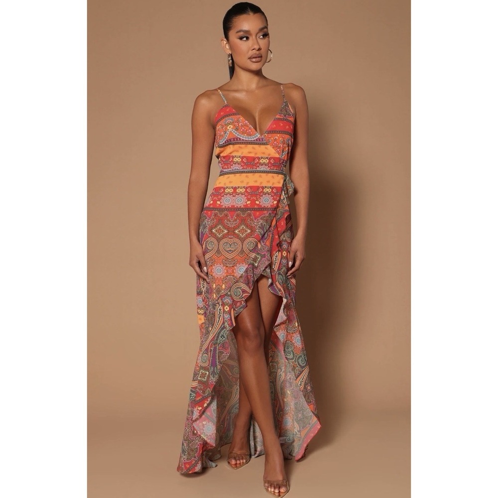 Fashion Nova Luxe Sz S Capri Maxi Dress Orange Paisley Print Ruffle Front Formal